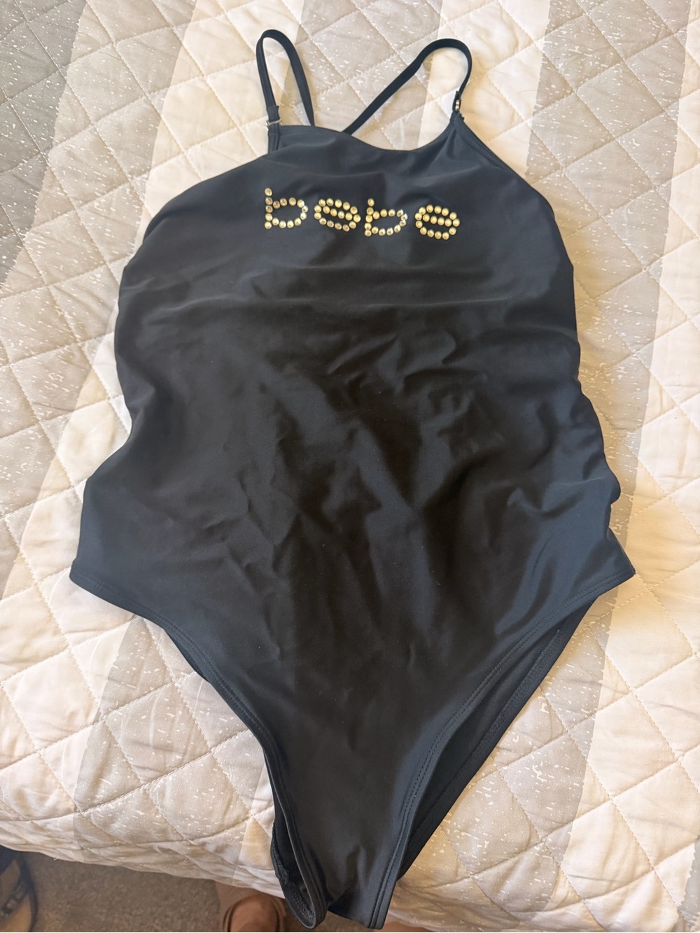 bebe Black One-Piece Swimsuit with Gold Stud Logo